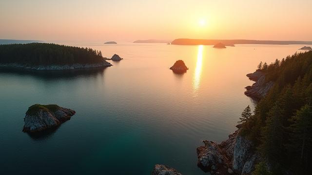 Ein atemberaubender Blick auf eine ruhige skandinavische Inselgruppe bei Sonnenuntergang, mit klarem Wasser und kleinen Felsinseln.
