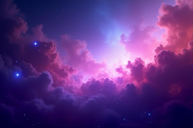 Helle und farbenfrohe Nebeldecke mit einer zarten Konstellation im Vordergrund, abstrakt und mystisch