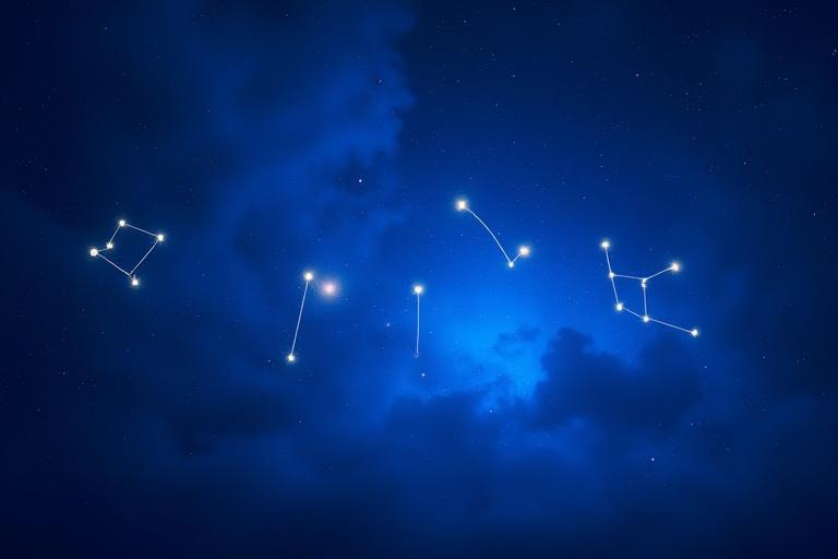 Sternzeichen auf einem dunkelblauen, sternenklaren Nachthimmel mit leichtem Nebel, mystical und dezent